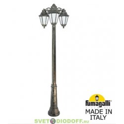 Столб фонарный уличный Fumagalli Ricu Bisso/Anna 3L DN античная бронза/прозрачный 2,13м 3xE27 LED-FIL с лампами 800Lm, 2700К