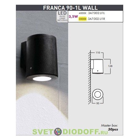 Светильник фасадный одно сторонний Fumagalli Franca 90-1L wall черный 3,5Вт, 3000К теплый