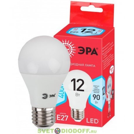 Лампа светодиодная ECO LED A60-12W-840-E27 ЭРА (диод, груша, 12Вт, нейтр, E27)