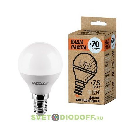 Лампа светодиодная LED P45 WOLTA 25S45GL 7.5Вт E14-P 4000K