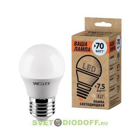Лампа светодиодная LED P45 WOLTA 25Y45GL 7.5Вт E27-P 3000K